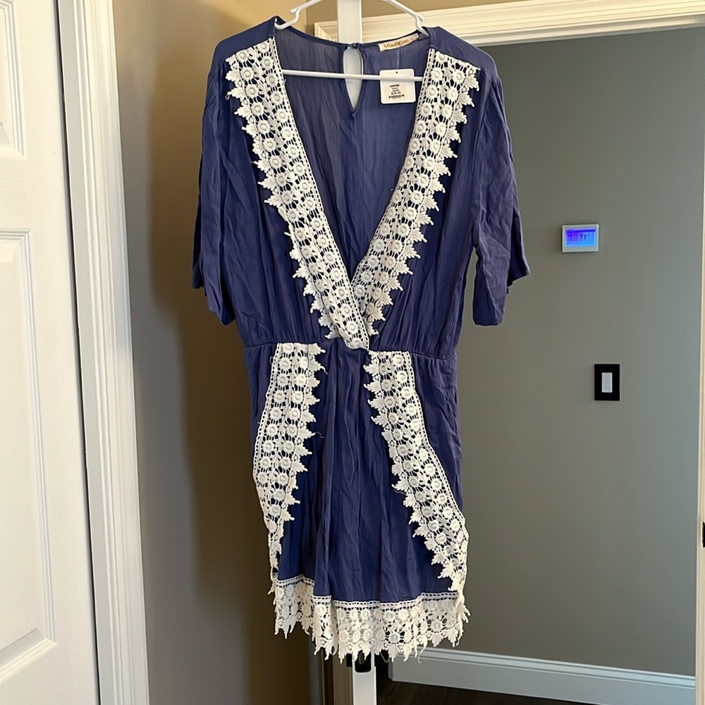 Women’s Crochet Romper - shorts - NEW Size L Blue/White